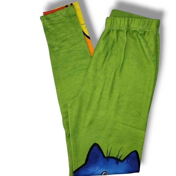Womens Leggings Sz Small Cats Design Colorful Green Stretch Exercise Activewear - Picture 6 of 14